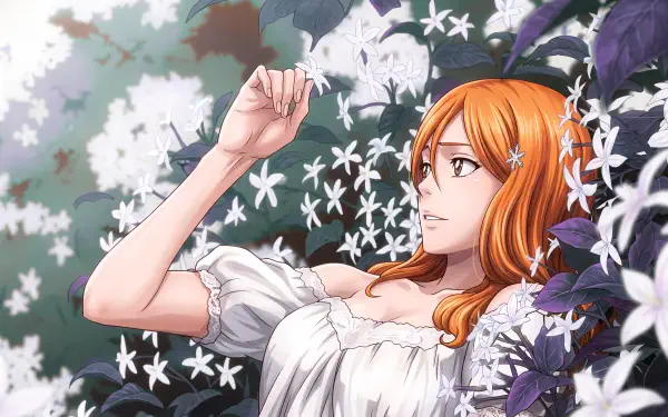 Orihime Inoue from Bleach: Thousand-Year Blood War — anime girl in a white dress lying among white flowers, orange hair framing her face; 5K Ultra HD PC desktop wallpaper/background.