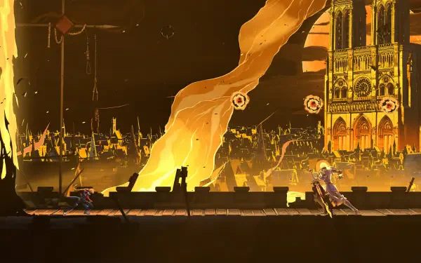 Castlevania Belmont's Curse video game 4K Ultra HD PC desktop wallpaper and background — Belmont on a cathedral rooftop amid roaring fire and a burning gothic cityscape.
