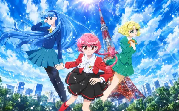 4K Ultra HD PC wallpaper of Magic Knight Rayearth — Hikaru Shidou centered with two anime girls in school uniforms, posed before Tokyo Tower beneath a bright, cloud-streaked blue sky.