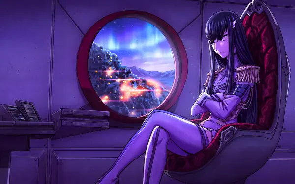 Satsuki Kiryūin (Kill La Kill) anime girl seated in a throne-like chair bathed in purple light, porthole reveals glowing coastal city — 5K Ultra HD PC desktop wallpaper/background.