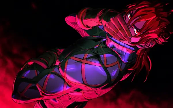 Anime HD PC desktop wallpaper — Diego Brando (JoJo's Bizarre Adventure) in red-purple lighting, bound outfit and fierce glare against a smoky dark background.