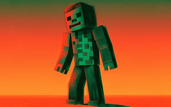 Minecraft zombie pixel art standing against a vivid orange background, featured in a 4K Ultra HD PC desktop wallpaper.
