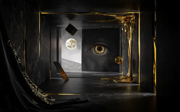 Surreal black and gold eye in an abstract geometric scene, 4K Ultra HD PC desktop wallpaper and background.