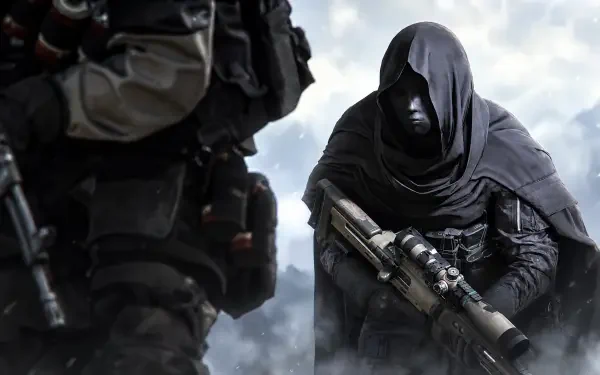 Hooded soldier with a sniper rifle beside a fellow military operative in Call of Duty: Modern Warfare 4, 4K Ultra HD PC desktop wallpaper.