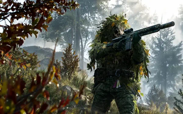 Call of Duty: Modern Warfare 4 4K PC wallpaper featuring a camouflaged sniper soldier with a rifle in a misty forest.