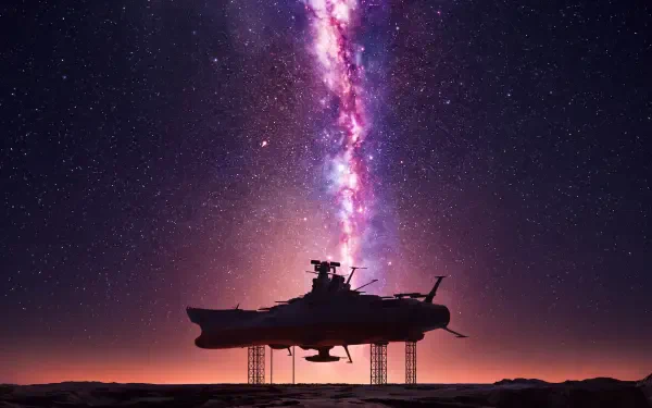 Space Battleship Yamato 2199 silhouette beneath the Milky Way in a star-filled night sky, 5K Ultra HD desktop wallpaper