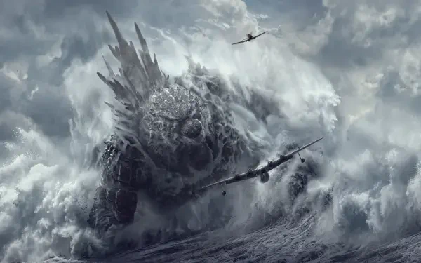 Godzilla Minus Zero sea monster erupts from stormy waves beneath a plane, in a 5K Ultra HD PC desktop wallpaper and background.