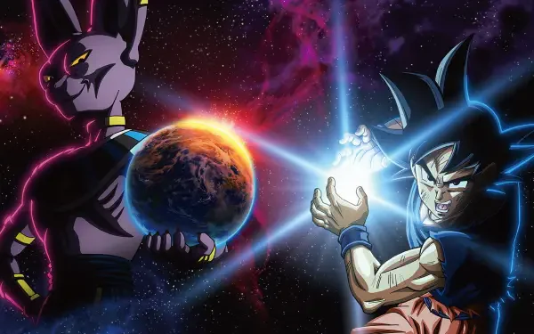 Dragon Ball Super HD PC desktop wallpaper featuring Beerus, Goku, a glowing energy blast, and Earth in a cosmic background.