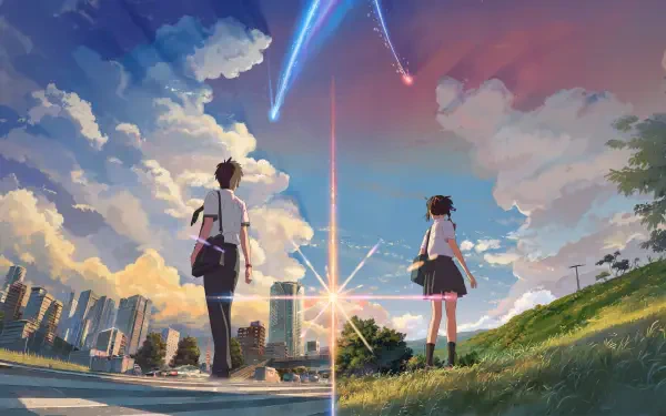 Your Name anime wallpaper of two figures beneath a glowing comet in a vibrant sky, 4K Ultra HD PC desktop background.