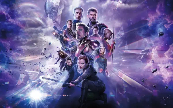 Avengers: Endgame heroes unite amid a cosmic purple battle scene in this 8K Ultra HD PC desktop wallpaper and background.