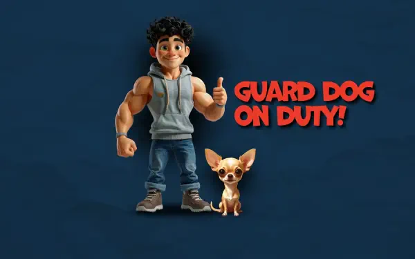 Funny cartoon boy and cute Chihuahua guard dog on duty, 2K Quad HD PC desktop wallpaper and background.