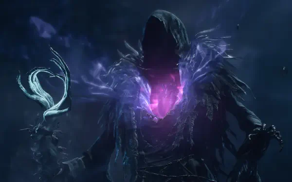 Hooded figure channeling glowing purple magic in a dark fantasy scene from Dragon’s Dogma 2: Dark Arisen, 4K Ultra HD PC desktop wallpaper.