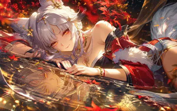 Hsin from Wuthering Waves relaxing in autumn water among crimson leaves, a 4K Ultra HD PC desktop wallpaper and background.