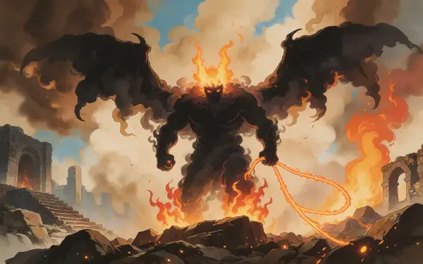Fiery Balrog from The Lord of the Rings towers over burning ruins in this 4K Ultra HD PC desktop wallpaper and background.