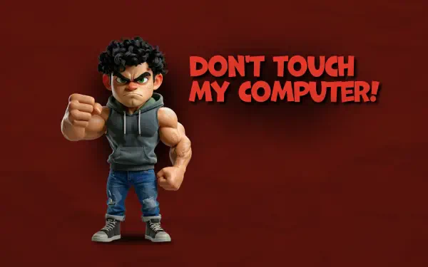 Angry, muscular cartoon character warns “Don’t touch my computer!” on a red 2K Quad HD PC desktop wallpaper background.