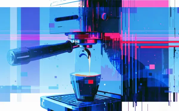 Glitch-art espresso machine pouring coffee into a cup, presented as a 2K Quad HD PC desktop wallpaper and background.