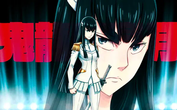 Kill la Kill 5K Ultra HD desktop wallpaper featuring Satsuki Kiryūin in a white uniform beside a dramatic close-up portrait.