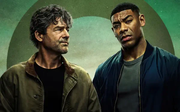Lanterns (2026) 4K Ultra HD PC desktop wallpaper featuring two men standing against a muted green backdrop.
