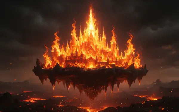 A fire-engulfed flying castle glows against a dark sky in this 4K Ultra HD PC desktop wallpaper and background.