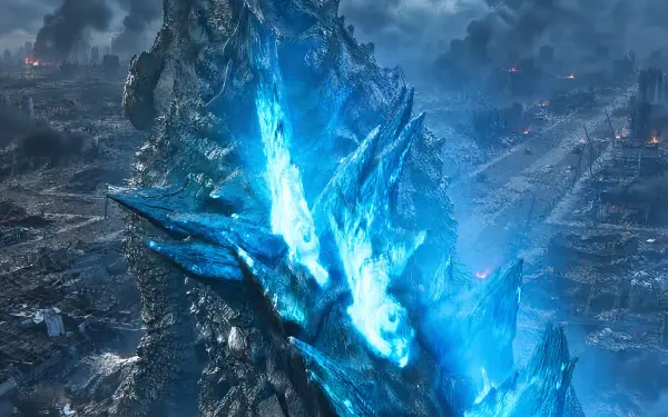 Godzilla Minus Zero erupts in glowing blue ice crystals amid a ruined city, 4K Ultra HD PC desktop wallpaper.