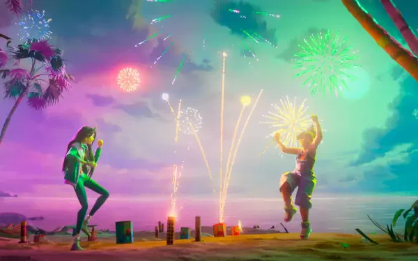 Forgotten Island DreamWorks Animation 2K desktop wallpaper of two characters dancing on a beach beneath colorful fireworks.