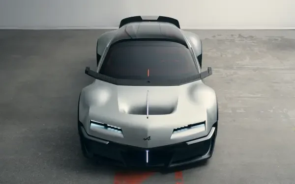 Front view of a silver Alpine A310 Vision concept sports car, featured in a 5K Ultra HD PC desktop wallpaper and background.