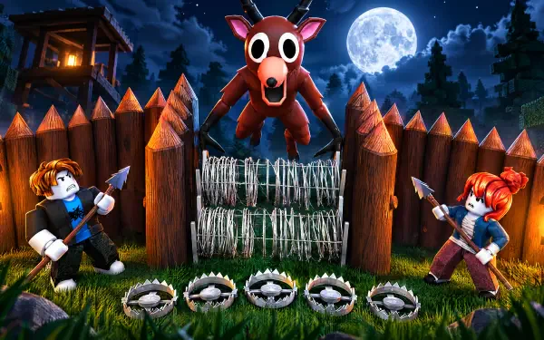 Roblox 99 Nights in the Forest monster looming over a fortified camp beneath a full moon, 4K Ultra HD PC desktop wallpaper and background.