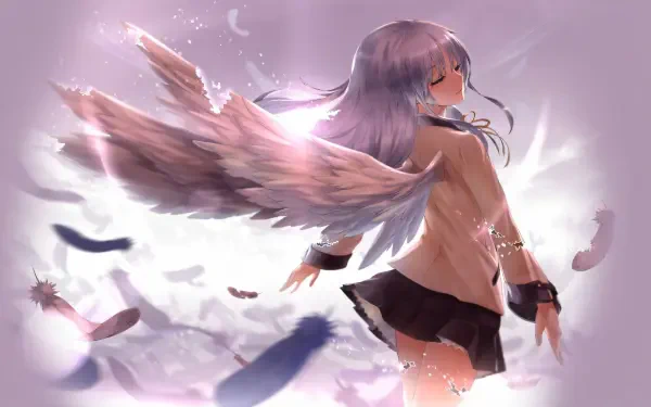 Angel Beats! 4K Ultra HD PC desktop wallpaper featuring Kanade Tachibana with flowing wings against a dreamy pastel sky.