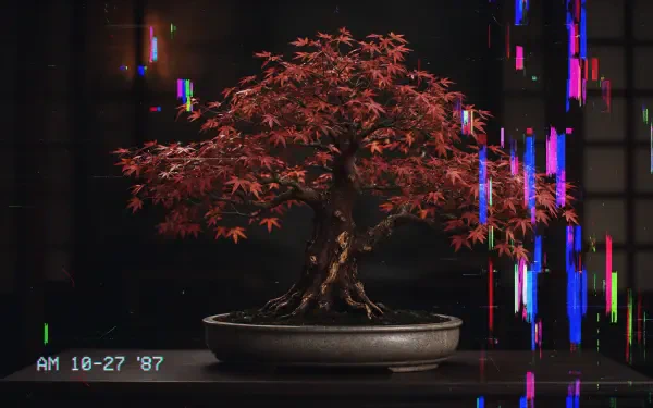 Japanese maple bonsai tree in a shallow pot, framed by colorful digital glitch effects in a 4K Ultra HD PC desktop wallpaper.