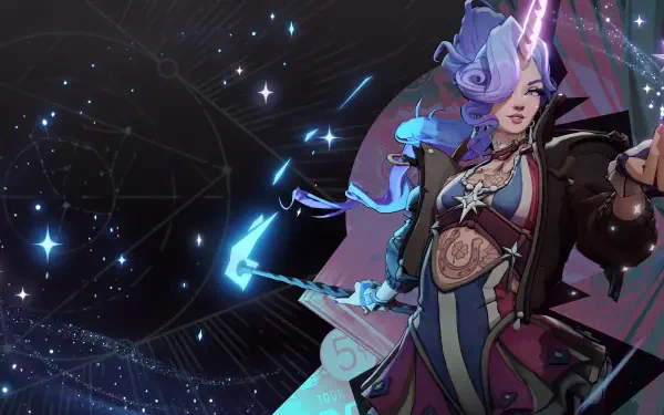 Celeste from Deadlock (2024) in a star-filled cosmic scene, featured in a 5K Ultra HD PC desktop wallpaper.