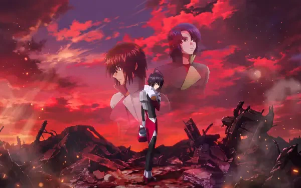 Mobile Suit Gundam SEED FREEDOM ZERO anime battlefield wallpaper, featuring a lone pilot amid wreckage beneath a dramatic red sky, in 5K Ultra HD for PC desktop backgrounds.