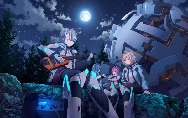 Expelled from Paradise: Resonance anime wallpaper featuring characters beside a giant mecha under a moonlit sky, 5K Ultra HD PC desktop background.