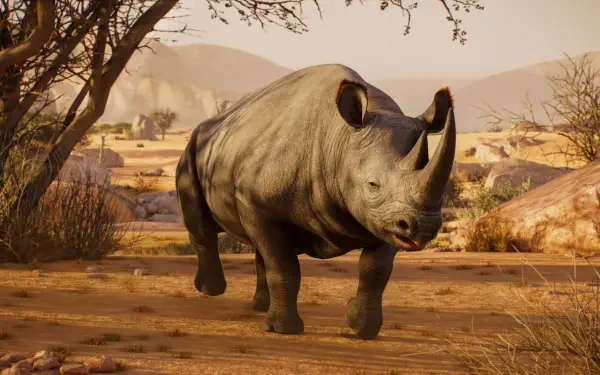 Planet Zoo 2 wildlife rhino in a sunlit savanna, 4K Ultra HD PC desktop wallpaper and background.