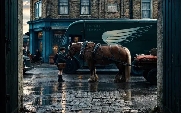 The Chronicles of Narnia: The Magician’s Nephew 4K Ultra HD desktop wallpaper featuring a horse and carriage on a rainy city street.