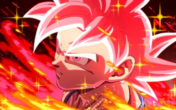 Goku with vivid pink hair amid fiery energy effects, Dragon Ball Super: Beerus anime HD PC desktop wallpaper.