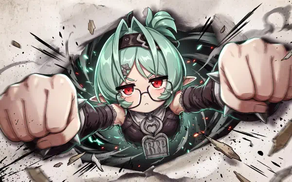 Roxy from Zenless Zone Zero throws a punch through flying debris in this 5K Ultra HD anime girl PC desktop wallpaper.