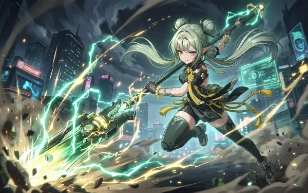 Si from Arknights: Endfield battles through a neon cyberpunk city in this sci-fi anime girl scene, featured in a 5K Ultra HD PC desktop wallpaper.
