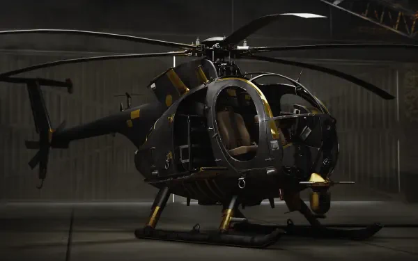 WARDOGS military helicopter aircraft in a dim hangar, featured in an HD PC desktop wallpaper and background.