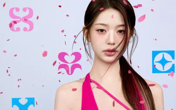 IVE Jang Wonyoung portrait in a pink top with floral graphics, Looks Can Kill 4K Ultra HD desktop wallpaper