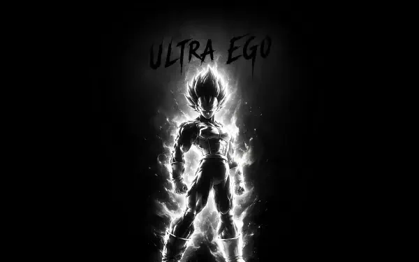 Vegeta in his Ultra Ego form surrounded by a glowing aura, featured in a dramatic 2K Quad HD anime desktop wallpaper.