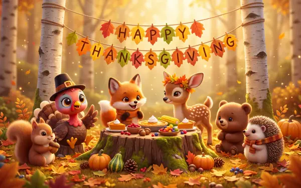 Cute Thanksgiving cartoon woodland animals share a festive feast beneath a Happy Thanksgiving banner, in a 5K Ultra HD PC desktop wallpaper background.