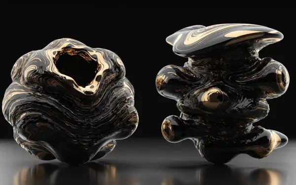 Black and gold abstract sculptures with fluid, layered forms against a dark backdrop, 4K Ultra HD PC desktop wallpaper.