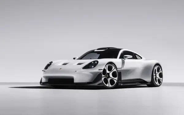 White Porsche Mission S sports car on a minimalist gray backdrop, featured in a 5K Ultra HD PC desktop wallpaper background.