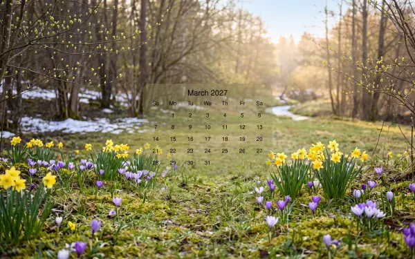 March 2027 calendar over a sunlit spring woodland path blooming with yellow daffodils and purple crocuses, 5K Ultra HD PC desktop wallpaper.