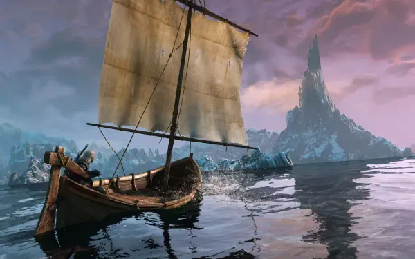 Geralt of Rivia sails across a mountain lake in The Witcher 3: Wild Hunt HD PC desktop wallpaper.