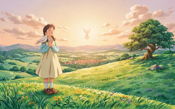 Faith-inspired anime girl praying on a sunlit hillside at sunrise, surrounded by a lush green landscape; 4K Ultra HD PC desktop wallpaper.