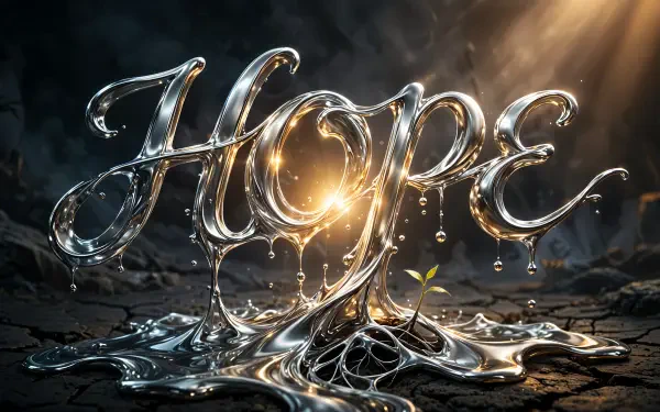 Metallic “Hope” typography glowing against a dark landscape, featured in a 4K Ultra HD PC desktop wallpaper and background.