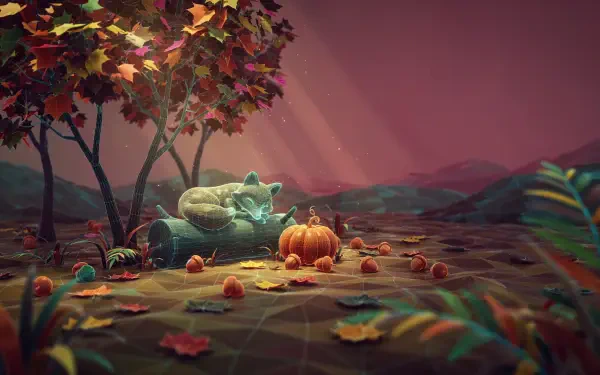 A green frog rests beside glowing pumpkins beneath autumn trees in a cozy forest, 4K Ultra HD desktop wallpaper.