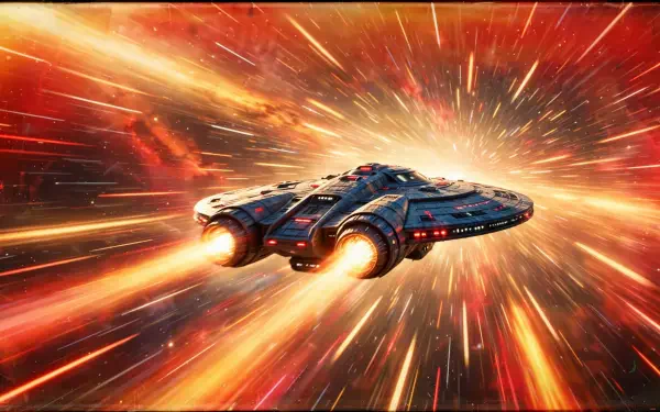 Science fiction spaceship streaking through fiery warp speed space, HD desktop wallpaper and background