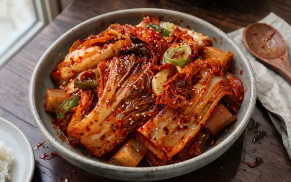 A bowl of spicy Korean napa cabbage kimchi in a 4K Ultra HD PC desktop wallpaper background.